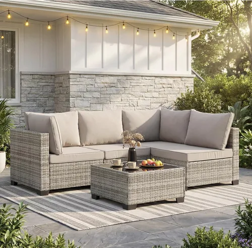 Vista 14 de ANJ Juego de muebles de mimbre para patio de 3 piezas, sofá modular de dos plazas con mesa de centro de cristal, juego de sofá de conversación