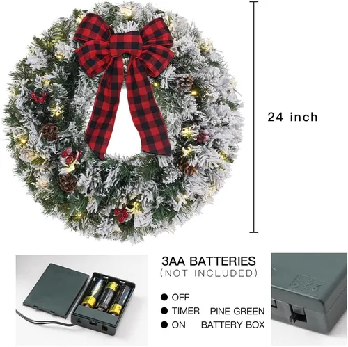 Vista 4 de DECSPAS - Coronas de Navidad para puerta delantera, 24 pulgadas, 2 pies, preiluminada, nevada, flocada, con temporizador, 30 luces LED, arco