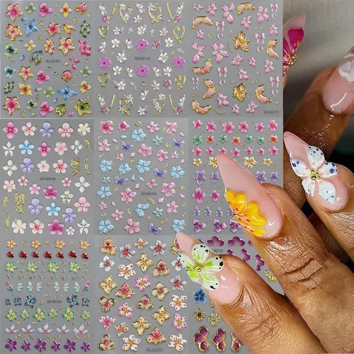 Vista 13 de 20 hojas de calcomanías de uñas 3D, diseño de oro/diamante, lujosas calcomanías de uñas autoadhesivas con relieve, calcomanías de uñas de flores