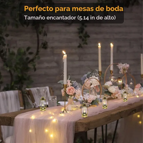Vista 2 de Mini linternas LED pequeñas de 6 piezas de luces LED doradas decorativas para interiores y exteriores, faroles de vela colgantes para granja, bodas