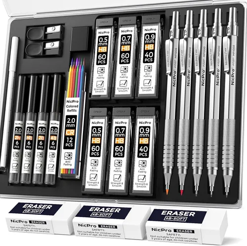 Vista 11 de Nicpro Black Art - Juego de 5 lápices de dibujo de metal de 0.3, 0.5, 0.7, 0.035 in y 0.079 in, soporte de plomo de grafito para dibujar y dibujar