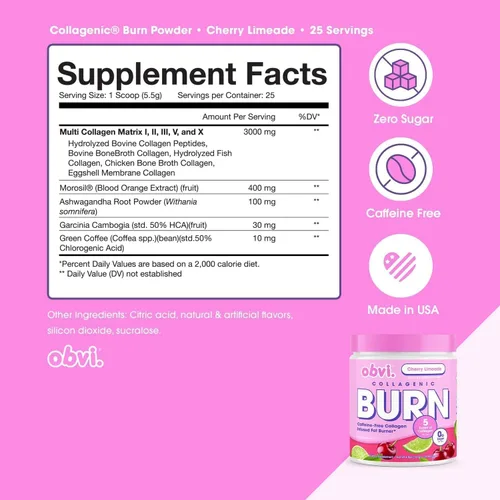 Vista 2 de Obvi Polvo de quemadura colagénica Mezcla de péptidos de colágeno con GBB, Ashwagandha y café verde Aumenta el metabolismo, la energía