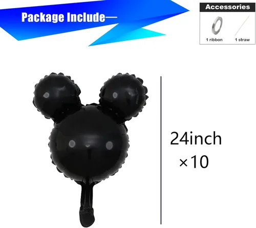 Vista 2 de 10 globos de Mylar negros de 24 pulgadas, decoraciones y suministros para fiesta de cumpleaños de ratón