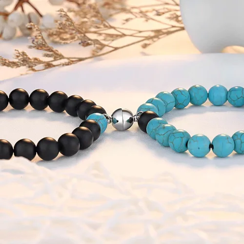 Vista 5 de KINGSIN - Juego de pulseras magnéticas de atracción mutua para parejas, brazaletes de ágata mate, dije de voto de amor eterno, ajustables, joyería