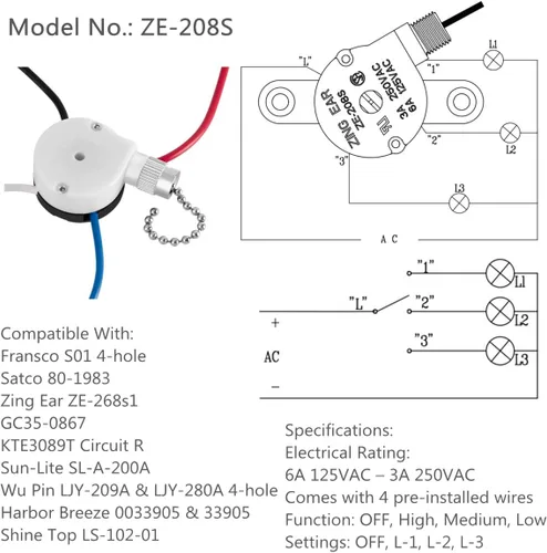 Vista 2 de Zing Ear ZE-208S - Interruptor de ventilador de 3 velocidades y 4 cables, control de velocidad de cadena de tracción para ventiladores de techo