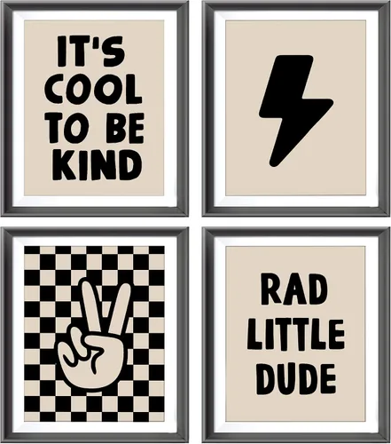Vista 15 de Cartel de mano retro a cuadros negros y blancos preppy relámpago de la paz para decoración de habitación de niños, decoración divertida de Rad
