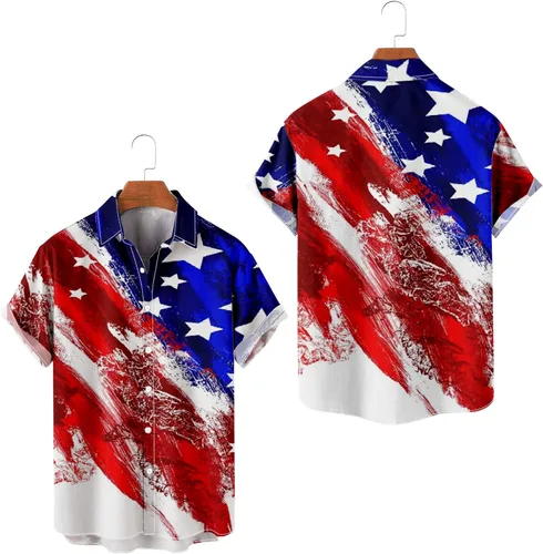 Vista 3 de Camisa hawaiana para hombre, manga corta, con botones, estampado tropical, para fiesta en la playa, vacaciones, Estados Unidos, patriótica Aloha