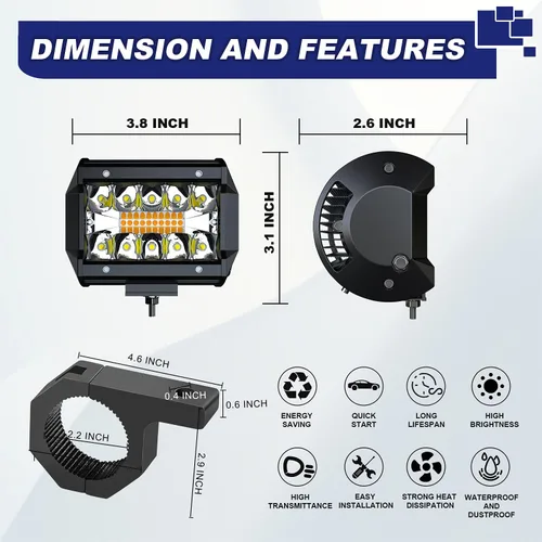 Vista 2 de ASLONG 4 unidades de luces LED estroboscópicas de 4 pulgadas, blanco/amarillo ámbar, barra de luz LED antiniebla de conducción con abrazadera