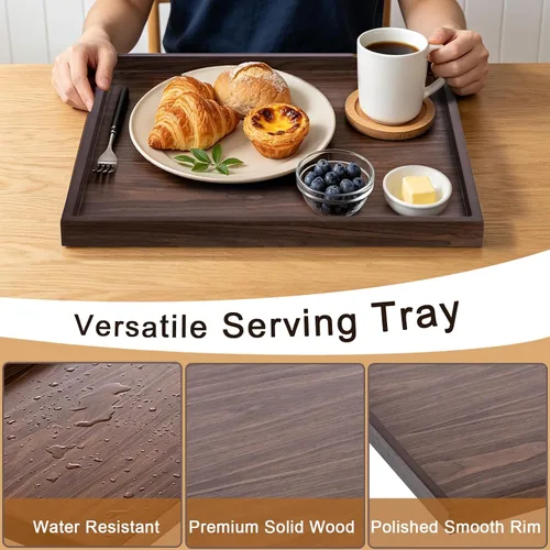 Vista 2 de Bandeja de servir cuadrada de madera para decoración del hogar, bandeja otomana de madera de nogal negro para sala de estar, bandejas de 2-Negro