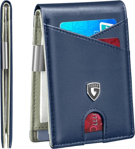 Vista 15 de GSOIAX Cartera delgada de cuero plegable RFID para hombre, billetera minimalista con bolsillo frontal con clip para dinero, 12 ranuras para Negro