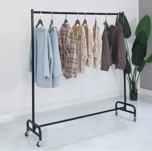 Vista 3 de Perchero de ropa de un solo riel con ruedas, riel de ropa de metal resistente comercial, perchero de ahorro de espacio para dormitorios y boutiques