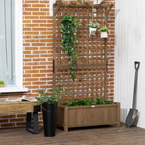 Vista 9 de Outsunny Maceta de Madera con Enrejado para Plantas Trepadoras, Cama Elevada, Caja de Maceta con Agujeros de Drenaje para Cultivar Verduras, Hierbas