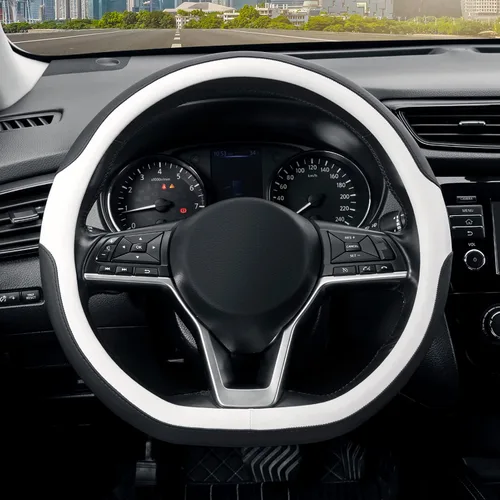 Vista 13 de SEG Direct Funda para volante de coche con fondo plano, forma D, 14 1/2-15 pulgadas (37-39 cm), cuero de microfibra negro