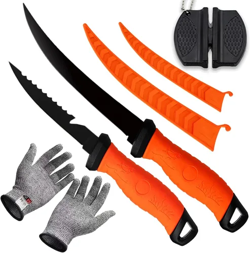 Vista 10 de Juego de 2 cuchillos de filete, cuchillos de filete de acero inoxidable de 5 y 7 pulgadas para pescado, equipo de pesca, juego de herramientas de 2