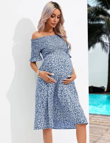Vista 8 de KOJOOIN Women's Maternity Short Sleeve Summer Midi Dress Off Shoulder Smocked Spring Casual Boho Dress Baby Shower Photoshoot