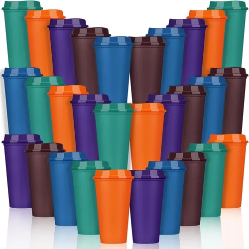 Vista 19 de Domensi Paquete de 15 tazas de café reutilizables con tapas, vasos de viaje desechables de 16 onzas, vasos de plástico a granel para llevar, vasos