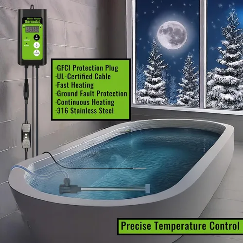 Vista 5 de Calentador de agua sumergible de 1800 W para bañera de hidromasaje y piscina, portátil, con control de temperatura y protección contra fugas GFCI