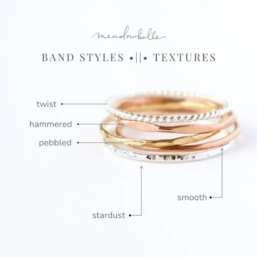 Vista 2 de 14k yellow gold filled stacking rings. minimalist metal stack bands set of four (4). various texture options - smooth, hammered, stardust, twist, or