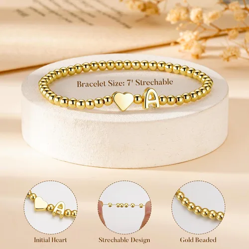 Vista 7 de Ursteel Pulsera de corazón con inicial para mujer, delicada, chapada en oro de 14 quilates, pulseras de cuentas para mujer, joyería de corazón
