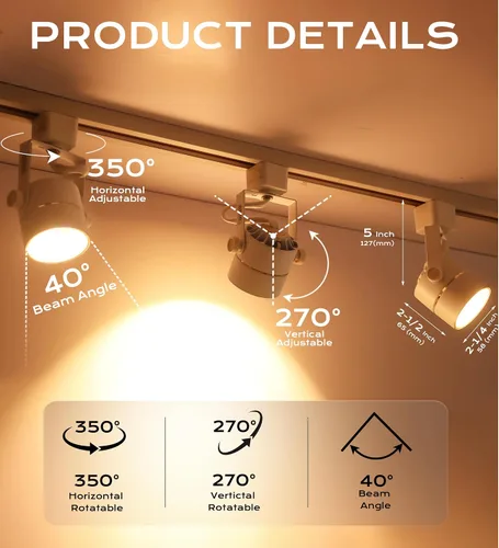 Vista 4 de CLOUDY BAY - Cabezal de luz LED regulable de 8W 3000K blanco cálido para riel, CRI90+ reproducción del color verdadero, ángulo de inclinación 3000k