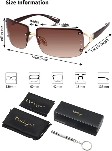 Vista 6 de Dollger Lentes de sol Y2K sin montura para mujeres y hombres, rectangulares, de moda, retro, sin marco, a la moda, envolventes, gafas futuristas