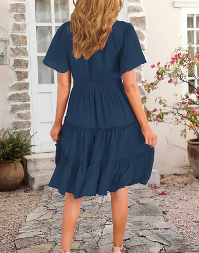 Vista 5 de Zattcas Vestidos de otoño de manga larga 2023 para mujer, cuello en V, cintura fruncida, casual, fluido, acampanado, vestido midi de trabajo