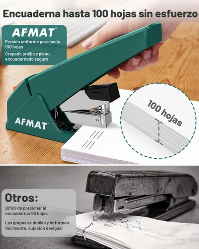 Vista 4 de AFMAT Engrapadora resistente, capacidad de 100 hojas, 50% menos esfuerzo Verde