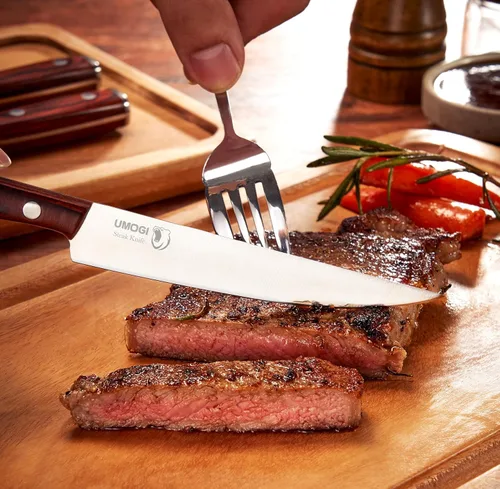 Vista 3 de Juego de 6 cuchillos de carne de alta calidad en caja de regalo, mango de madera pulida, acero inoxidable alemán HC, borde recto, no dentado