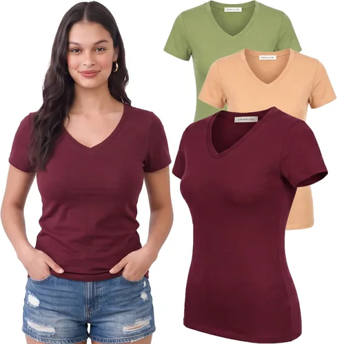 Vista 155 de Emmalise Camiseta de manga corta para mujer, cuello en V, tallas junior y plus