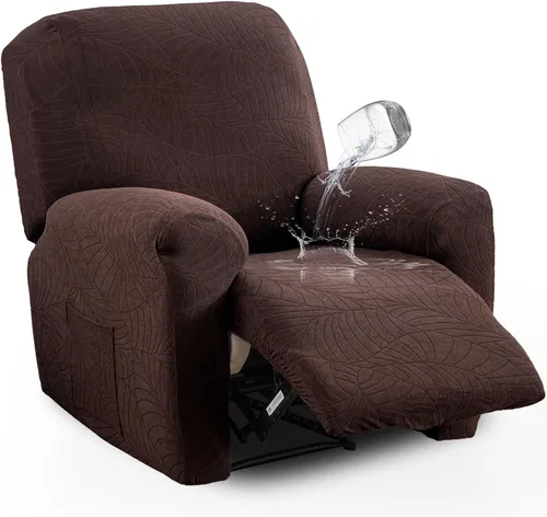 Vista 30 de vctops Funda repelente al agua para silla reclinable de 4 piezas con bolsillo lateral, diseño de hojas de jacquard, elástica, suave, protector