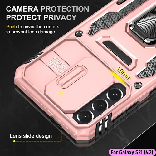 Vista 4 de Funda resistente para Samsung Galaxy S21, protector híbrido de goma de doble capa de grado militar con protector de cámara deslizante, soporte