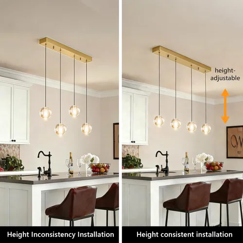 Vista 5 de Lámparas colgantes de oro cepillado de 4 luces para isla de cocina moderna, lámparas colgantes de globo de cristal para comedor sobre mesa, lámparas