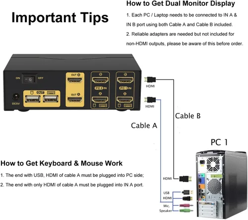 Vista 4 de HDMI KVM 2 puertos 4K 30Hz Dual Monitor Extended Display (CKL-922HUA)