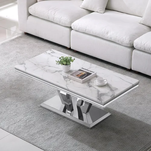 Vista 4 de Mesa auxiliar rectangular moderna de mármol blanco con parte superior de mármol de 0.71 pulgadas de grosor, base de acero inoxidable en forma de U