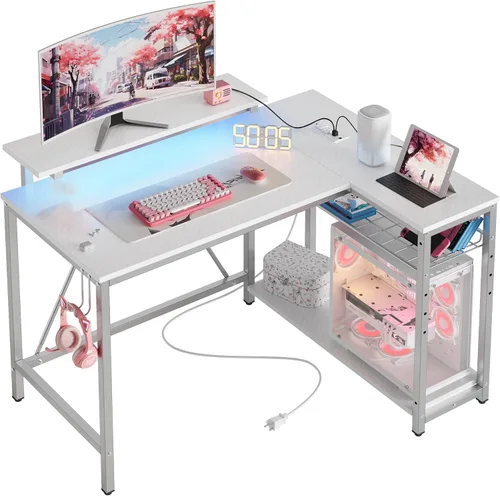 Vista 15 de Bestier - Escritorio de juegos con tomas de corriente, escritorio para computadora de 42 pulgadas en forma de L con luces LED, escritorio