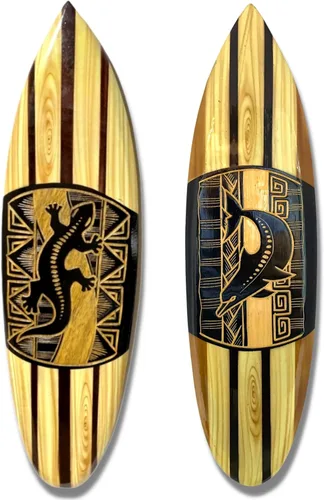 Vista 4 de Chesapeake Bay Ltd Juego de 2 tablas de surf de madera tallada a mano Tiki Decor Dolphin Turtle Art para colgar en la pared