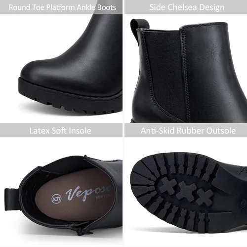 Vista 4 de Vepose Botines de moda para mujer tacón bajo grueso plataforma Chelsea para mujer