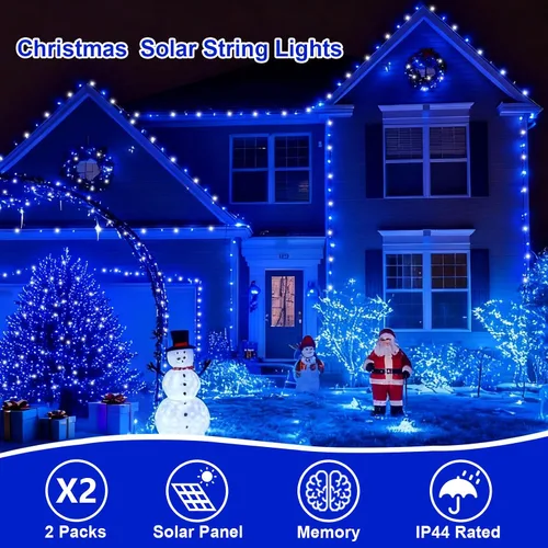 Vista 4 de QITONG Paquete de 2 luces solares azules y blancas de Navidad, cada cadena de 200 luces LED solares de 66 pies para exteriores, impermeable, 8 modos