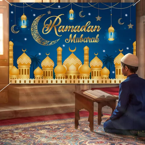 Vista 4 de Decoraciones de Ramadán para el hogar - 71 x 44 en Ramadán Banner Mubarak Mesa Mubarak Signo Telón de fondo Favores Colgantes Decoraciones