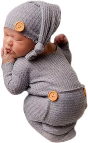 Vista 21 de Moda recién nacido niños niñas bebé sesión de fotos accesorios trajes ganchillo ropa sombrero de cola larga pantalones accesorios de fotografía