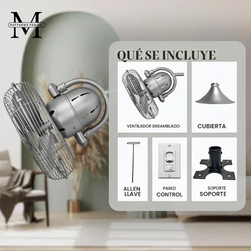 Vista 6 de Matthews KC-BN - Kaye Brushed Nickel Ventilador de pared para exterior de 13" con control de pared, KC-BN, 47watts, 110 volts