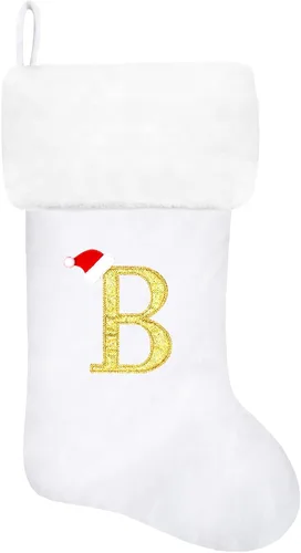 Vista 110 de Calcetines de Navidad bordados de 20 pulgadas con monograma, terciopelo negro con puño de felpa blanca supersuave, adornos clásicos para decoración