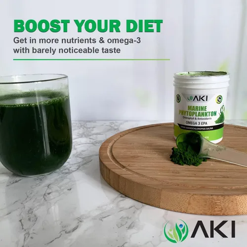 Vista 6 de AKI Marine Phytoplancton Powder - Omega3, vitamina B, clorofila 2oz/57g Fuente de nanocloropsis de microalgas crudas omega-3 EPA, proteínas a base
