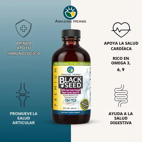 Vista 2 de Amazing Herbs Aceite de semilla negra de alta calidad, sin gluten, sin OMG, prensado en frío, Nigella sativa ayuda a la salud digestiva, apoyo