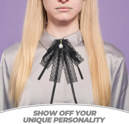 Vista 9 de KESYOO Broches de lazo para mujer, corbata de lazo de perlas de encaje negro, broche de perlas, lazo para el cuello, lazo de encaje para mujer