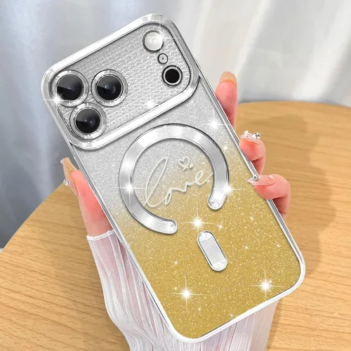 Vista 43 de ZIYE - Funda magnética diseñada para iPhone 13 con purpurina, color negro Luxury Plating Love Heart Compatible with MagSafe Camera Protection