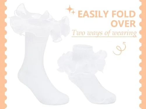 Vista 2 de Zando Calcetines grandes con volantes para niñas, calcetines de vestir con doble encaje, bonitos calcetines de encaje para niños pequeños y niños