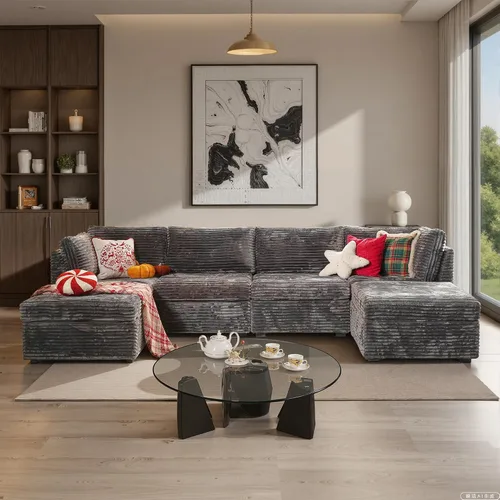 Vista 37 de Ovios - Sofá modular con diván en forma de U y otomanas, cómodo y mullido, tapizado en pana estilo nube, moderno, asiento profundo, juego de sofás