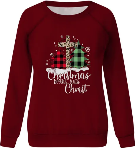 Vista 6 de SIUMOPA Sudadera de Navidad para mujer con estampado de letras de Cristo, sudadera casual con cuello redondo y manga raglán