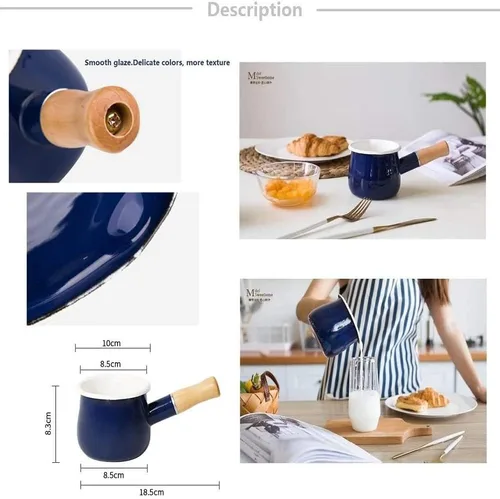 Vista 6 de Olla de leche esmaltada, olla pequeña para leche, calentador de mantequilla de 4 pulgadas, 17 onzas, sartén pequeña esmaltada con mango de madera